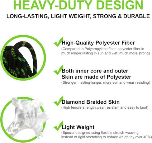 32ft Double Braided Nylon Rope 10m Climbing Rope 1/2 inch 48 Strands Breaking Strength 6700LBS 12mm Rope for Rock Hiking Camping Swing Rescue Towing and Ships Black with Fluorescent Green in Saudi Arabia