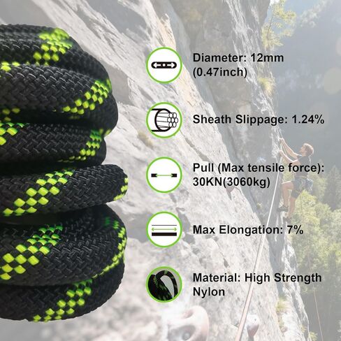 32ft Double Braided Nylon Rope 10m Climbing Rope 1/2 inch 48 Strands Breaking Strength 6700LBS 12mm Rope for Rock Hiking Camping Swing Rescue Towing and Ships Black with Fluorescent Green in Saudi Arabia