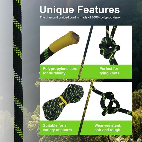 32ft Double Braided Nylon Rope 10m Climbing Rope 1/2 inch 48 Strands Breaking Strength 6700LBS 12mm Rope for Rock Hiking Camping Swing Rescue Towing and Ships Black with Fluorescent Green in Saudi Arabia