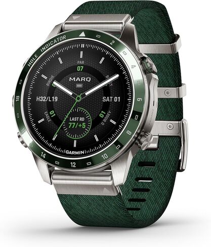 ساعة ذكية Garmin MARQ Golfer (Gen 2)، حافظة من التيتانيوم من الدرجة 5، عدسة ياقوتية، شاشة AMOLED، ميزات جولف متقدمة وعلبة افتراضية، حزام نايلون منسوج من قماش الجاكار الأخضر، 010-02648-20 (متجدد) in Saudi Arabia