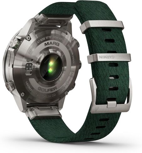 ساعة ذكية Garmin MARQ Golfer (Gen 2)، حافظة من التيتانيوم من الدرجة 5، عدسة ياقوتية، شاشة AMOLED، ميزات جولف متقدمة وعلبة افتراضية، حزام نايلون منسوج من قماش الجاكار الأخضر، 010-02648-20 (متجدد) in Saudi Arabia