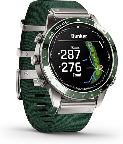 ساعة ذكية Garmin MARQ Golfer (Gen 2)، حافظة من التيتانيوم من الدرجة 5، عدسة ياقوتية، شاشة AMOLED، ميزات جولف متقدمة وعلبة افتراضية، حزام نايلون منسوج من قماش الجاكار الأخضر، 010-02648-20 (متجدد) in Saudi Arabia