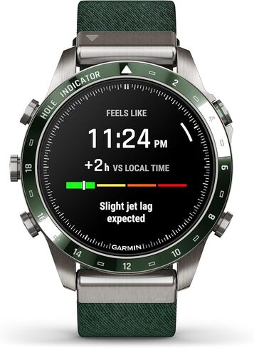 ساعة ذكية Garmin MARQ Golfer (Gen 2)، حافظة من التيتانيوم من الدرجة 5، عدسة ياقوتية، شاشة AMOLED، ميزات جولف متقدمة وعلبة افتراضية، حزام نايلون منسوج من قماش الجاكار الأخضر، 010-02648-20 (متجدد) in Saudi Arabia