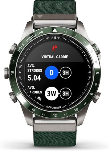 ساعة ذكية Garmin MARQ Golfer (Gen 2)، حافظة من التيتانيوم من الدرجة 5، عدسة ياقوتية، شاشة AMOLED، ميزات جولف متقدمة وعلبة افتراضية، حزام نايلون منسوج من قماش الجاكار الأخضر، 010-02648-20 (متجدد) in Saudi Arabia