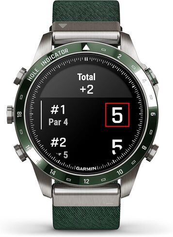 ساعة ذكية Garmin MARQ Golfer (Gen 2)، حافظة من التيتانيوم من الدرجة 5، عدسة ياقوتية، شاشة AMOLED، ميزات جولف متقدمة وعلبة افتراضية، حزام نايلون منسوج من قماش الجاكار الأخضر، 010-02648-20 (متجدد) in Saudi Arabia