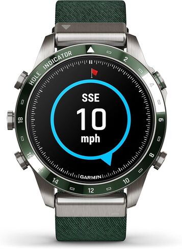 ساعة ذكية Garmin MARQ Golfer (Gen 2)، حافظة من التيتانيوم من الدرجة 5، عدسة ياقوتية، شاشة AMOLED، ميزات جولف متقدمة وعلبة افتراضية، حزام نايلون منسوج من قماش الجاكار الأخضر، 010-02648-20 (متجدد) in Saudi Arabia