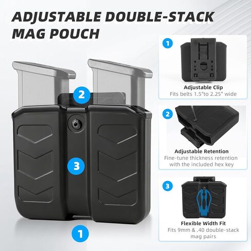 mag Holster 9mm Magazine Pouch/Holder .40 Double Stack Mag+with Belt Clip Fit Glock, s&W Springfield Ruger sig Beretta Taurus Walther CZ H&lk Etc Pistol Black in Saudi Arabia