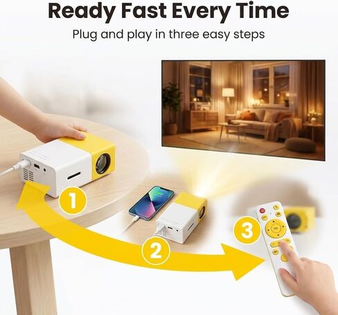 Mini Portable Projector - Unique Yellow & White Design, 100 Lumens, Supports 1080p Input, HDMI USB TF Card Remote Included - Perfect for Kids, Bedroom, Dorm Room, Travel & Outdoor Movie Nights in Saudi Arabia