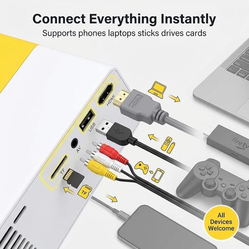 Mini Portable Projector - Unique Yellow & White Design, 100 Lumens, Supports 1080p Input, HDMI USB TF Card Remote Included - Perfect for Kids, Bedroom, Dorm Room, Travel & Outdoor Movie Nights in Saudi Arabia