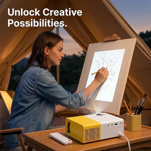 Mini Portable Projector - Unique Yellow & White Design, 100 Lumens, Supports 1080p Input, HDMI USB TF Card Remote Included - Perfect for Kids, Bedroom, Dorm Room, Travel & Outdoor Movie Nights in Saudi Arabia