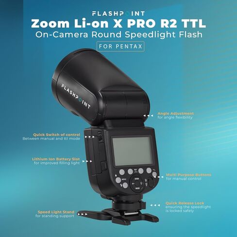 Flashpoint Zoom Li-ion X R2 TTL Round Head Speedlight Flash Compatible with Pentax Cameras – 76Ws On-Camera Flash with Built-in 2.4GHz R2 Wireless System, Lithium-Ion Battery, High-Speed Sync 1/8000s in Saudi Arabia