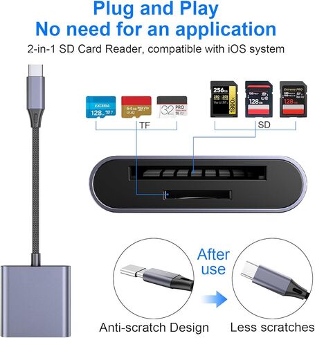 قطعة واحدة من قارئ بطاقات USB C إلى SD، تدعم بطاقات الذاكرة SD وTF، تمت ترقيتها بغلاف معدني وحزام مضفر، متوافقة مع iPhone15 16 17، لنقل الصور/الفيديو in Kuwait