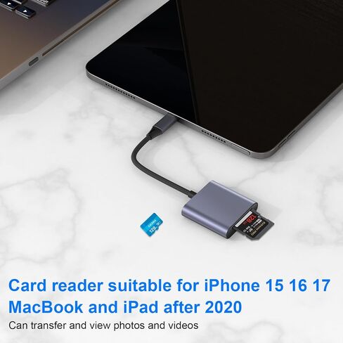 قطعة واحدة من قارئ بطاقات USB C إلى SD، تدعم بطاقات الذاكرة SD وTF، تمت ترقيتها بغلاف معدني وحزام مضفر، متوافقة مع iPhone15 16 17، لنقل الصور/الفيديو in Kuwait