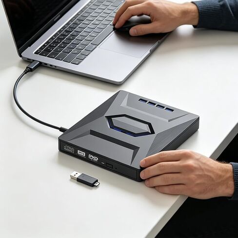 7-in-1 External CD/DVD Drive, Portable CD/DVD Reader & Writer for Laptop PC Mac, Built-in SD/TF Card Reader, USB Plug and Play, Driver-Free Operation in Saudi Arabia