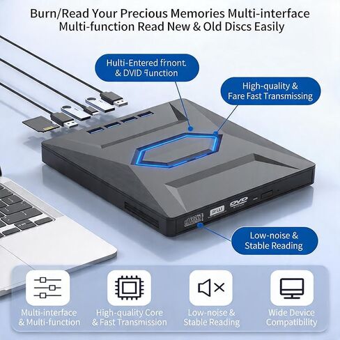 7-in-1 External CD/DVD Drive, Portable CD/DVD Reader & Writer for Laptop PC Mac, Built-in SD/TF Card Reader, USB Plug and Play, Driver-Free Operation in Saudi Arabia