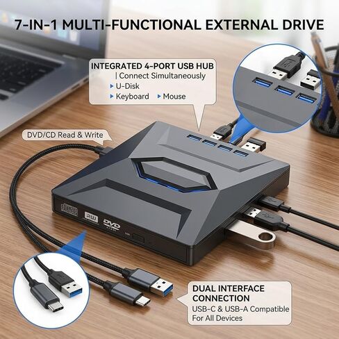 7-in-1 External CD/DVD Drive, Portable CD/DVD Reader & Writer for Laptop PC Mac, Built-in SD/TF Card Reader, USB Plug and Play, Driver-Free Operation in Saudi Arabia
