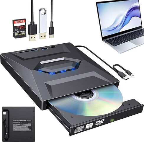 7-in-1 External USB DVD Drive & Blu-Ray Player - Portable Bd DVD CD Burner Writer Reader with 3 USB Ports Hub & Sd/Tf Card Readers, 6X Blu-Ray Optical Drive for Laptop Desktop in Saudi Arabia