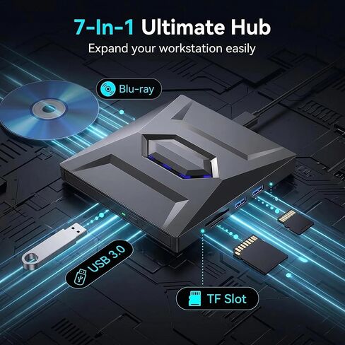 7-in-1 External USB DVD Drive & Blu-Ray Player - Portable Bd DVD CD Burner Writer Reader with 3 USB Ports Hub & Sd/Tf Card Readers, 6X Blu-Ray Optical Drive for Laptop Desktop in Saudi Arabia