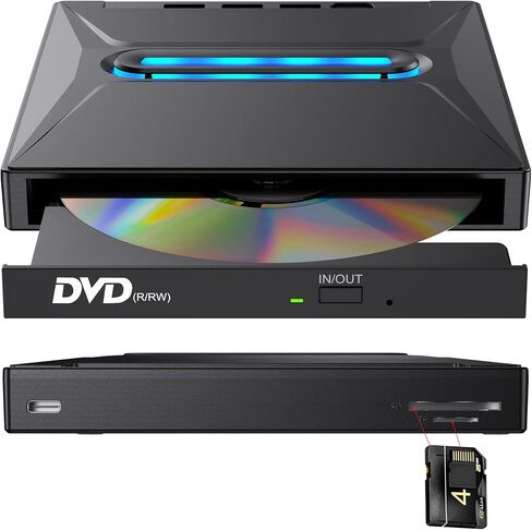 TOMLINK 8-in-1 Glow-in-Light External CD DVD Drive USB 3 0 Type-C Portable Burner Player with 3 USB Ports TF SD Card Reader Compatible with Laptop Desktop PC Windows Linux in Saudi Arabia