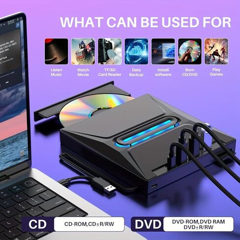 TOMLINK 8-in-1 Glow-in-Light External CD DVD Drive USB 3 0 Type-C Portable Burner Player with 3 USB Ports TF SD Card Reader Compatible with Laptop Desktop PC Windows Linux in Saudi Arabia
