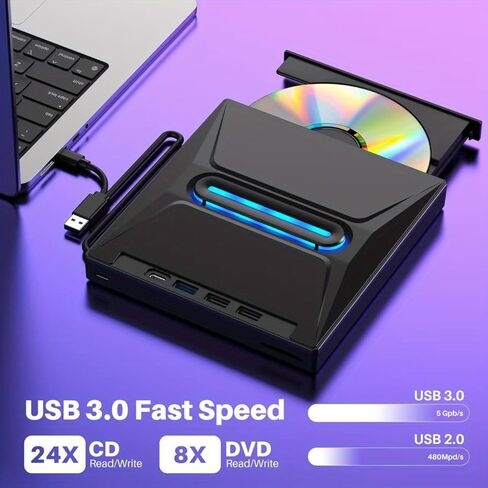 TOMLINK 8-in-1 Glow-in-Light External CD DVD Drive USB 3 0 Type-C Portable Burner Player with 3 USB Ports TF SD Card Reader Compatible with Laptop Desktop PC Windows Linux in Saudi Arabia