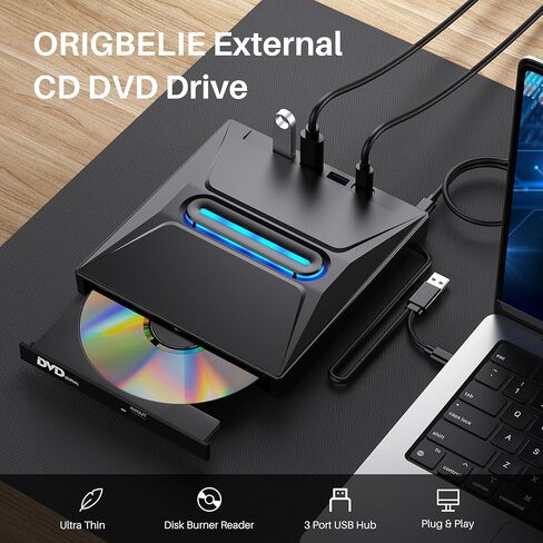 TOMLINK 8-in-1 Glow-in-Light External CD DVD Drive USB 3 0 Type-C Portable Burner Player with 3 USB Ports TF SD Card Reader Compatible with Laptop Desktop PC Windows Linux in Saudi Arabia