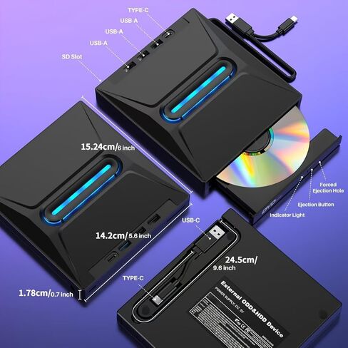 TOMLINK 8-in-1 Glow-in-Light External CD DVD Drive USB 3 0 Type-C Portable Burner Player with 3 USB Ports TF SD Card Reader Compatible with Laptop Desktop PC Windows Linux in Saudi Arabia