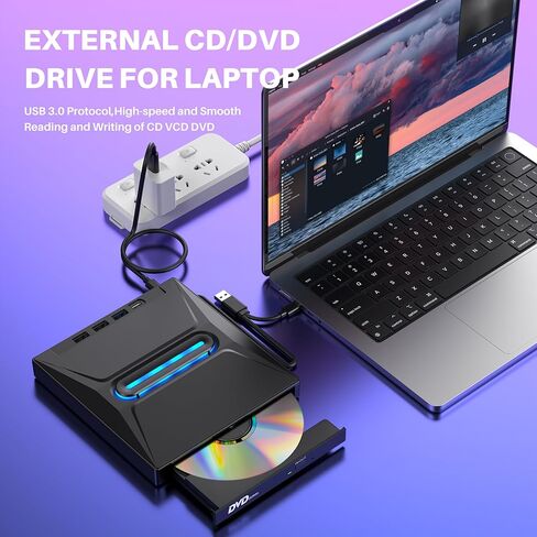 TOMLINK 8-in-1 Glow-in-Light External CD DVD Drive USB 3 0 Type-C Portable Burner Player with 3 USB Ports TF SD Card Reader Compatible with Laptop Desktop PC Windows Linux in Saudi Arabia