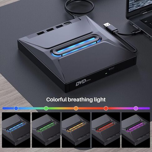 TOMLINK 8-in-1 Glow-in-Light External CD DVD Drive USB 3 0 Type-C Portable Burner Player with 3 USB Ports TF SD Card Reader Compatible with Laptop Desktop PC Windows Linux in Saudi Arabia