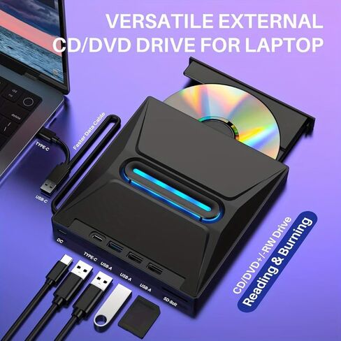 TOMLINK 8-in-1 Glow-in-Light External CD DVD Drive USB 3 0 Type-C Portable Burner Player with 3 USB Ports TF SD Card Reader Compatible with Laptop Desktop PC Windows Linux in Saudi Arabia
