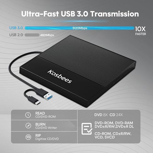 External CD/DVD Drive for Laptop,CD Burner for PC,Ultra-Slim DVD Player for Laptop,USB 3.0 Type C Portable CD Player +/-RW CD ROM Reader Writer Disk for Desktop Windows 11/10/8/7 Mac in Saudi Arabia