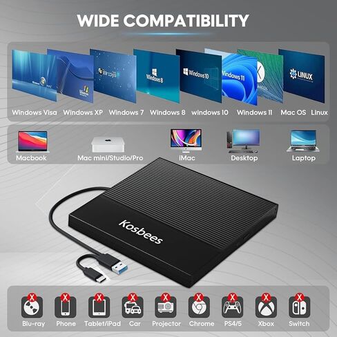External CD/DVD Drive for Laptop,CD Burner for PC,Ultra-Slim DVD Player for Laptop,USB 3.0 Type C Portable CD Player +/-RW CD ROM Reader Writer Disk for Desktop Windows 11/10/8/7 Mac in Saudi Arabia