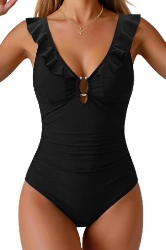 Women's One Piece Swimsuit Tummy Control Ruffle V Neck Bathing Suit Sexy Ring Detail Keyhole Cutout Swimwear 2026 in Saudi Arabia