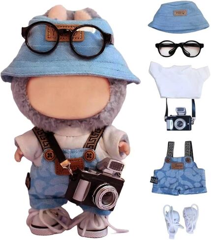 6 Piece 17cm Doll Clothes, Outfit Set with Accessories for 17cm Dolls, Denim Style Outfit Set with T-Shirt + Denim Overalls + Canvas Sneakers + Denim Hat + Mini Camera + Glasses, No Doll Included in Saudi Arabia