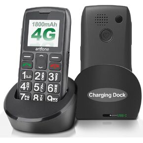 artfone C1 + 4G هاتف محمول كبير الحجم لكبار السن 丨 USB-C، قاعدة شحن 丨 بطارية 1800 مللي أمبير في الساعة 丨 هاتف أساسي سهل الاستخدام للمسنين 丨 هاتف محمول كبير مفتوح بدون بطاقة SIM 丨 زر SOS 丨 راديو FM 丨 تقارير الوقت - أسود in Kuwait
