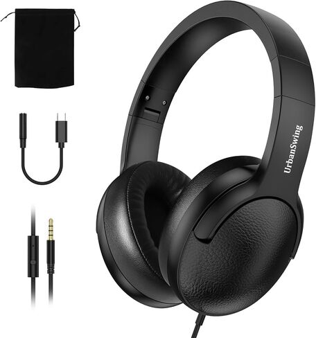 سماعات رأس UrbanSwing W4 مع ميكروفون، مقبس 3.5 مم ومحول سماعة رأس USB-C لهواتف iPhone وSamsung وiPad والكمبيوتر المحمول وMp3 وسلك طويل 4.9 قدم وتحكم مضمن وحقيبة مخملية، للمدرسة والمكتب والسفر، أسود in Kuwait