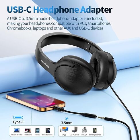 سماعات رأس UrbanSwing W4 مع ميكروفون، مقبس 3.5 مم ومحول سماعة رأس USB-C لهواتف iPhone وSamsung وiPad والكمبيوتر المحمول وMp3 وسلك طويل 4.9 قدم وتحكم مضمن وحقيبة مخملية، للمدرسة والمكتب والسفر، أسود in Kuwait