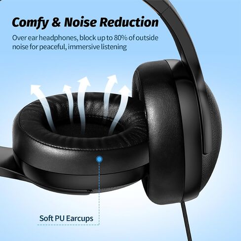 سماعات رأس UrbanSwing W4 مع ميكروفون، مقبس 3.5 مم ومحول سماعة رأس USB-C لهواتف iPhone وSamsung وiPad والكمبيوتر المحمول وMp3 وسلك طويل 4.9 قدم وتحكم مضمن وحقيبة مخملية، للمدرسة والمكتب والسفر، أسود in Kuwait