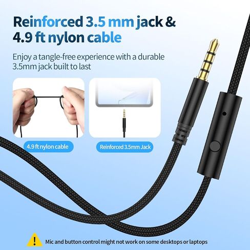 سماعات رأس UrbanSwing W4 مع ميكروفون، مقبس 3.5 مم ومحول سماعة رأس USB-C لهواتف iPhone وSamsung وiPad والكمبيوتر المحمول وMp3 وسلك طويل 4.9 قدم وتحكم مضمن وحقيبة مخملية، للمدرسة والمكتب والسفر، أسود in Kuwait