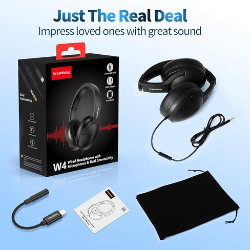 سماعات رأس UrbanSwing W4 مع ميكروفون، مقبس 3.5 مم ومحول سماعة رأس USB-C لهواتف iPhone وSamsung وiPad والكمبيوتر المحمول وMp3 وسلك طويل 4.9 قدم وتحكم مضمن وحقيبة مخملية، للمدرسة والمكتب والسفر، أسود in Kuwait