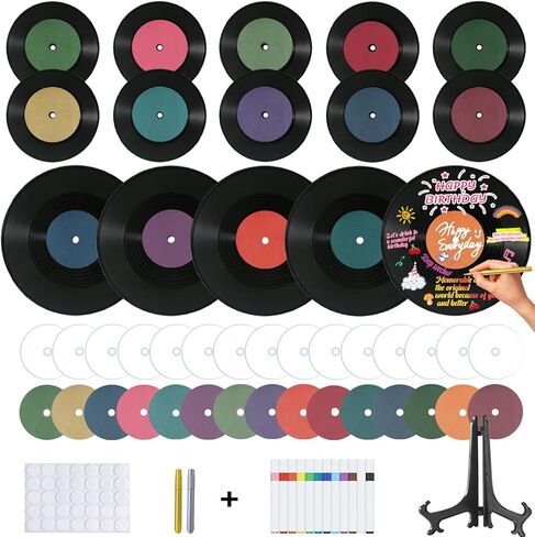 5 12 Inch & 10 7 Inch Vinyl Records Decor Set, Double-Sided Blank Records with 14 Pens, 30 Labels, Triple Display Methods, Popular Vinyl Records for Birthday Guestbook Party Decor in Saudi Arabia