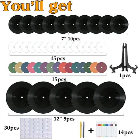 5 12 Inch & 10 7 Inch Vinyl Records Decor Set, Double-Sided Blank Records with 14 Pens, 30 Labels, Triple Display Methods, Popular Vinyl Records for Birthday Guestbook Party Decor in Saudi Arabia