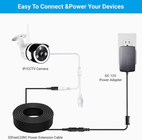 【عبوة من قطعتين】 كابل تمديد 33FT 12V DC 2.1 مم × 5.5 مم 12 فولت محول إمداد الطاقة سلك تمديد ذكر إلى أنثى لكاميرا CCTV الأمنية DVR LED سلسلة ضوء in Saudi Arabia