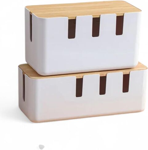 Cable Management Box Set of 2, Cord Organizer with Bamboo Lid, Large & Medium Cable Organizer Box for Desk, Home & Office, Hide Power Strips & Wires, White & Wood in Saudi Arabia