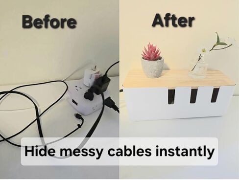 Cable Management Box Set of 2, Cord Organizer with Bamboo Lid, Large & Medium Cable Organizer Box for Desk, Home & Office, Hide Power Strips & Wires, White & Wood in Saudi Arabia
