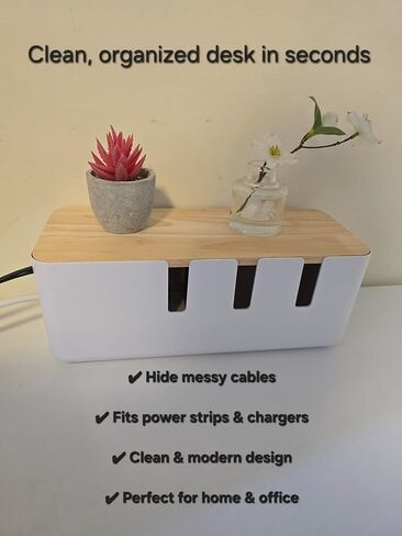 Cable Management Box Set of 2, Cord Organizer with Bamboo Lid, Large & Medium Cable Organizer Box for Desk, Home & Office, Hide Power Strips & Wires, White & Wood in Saudi Arabia