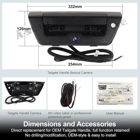 كاميرا احتياطية بمقبض الباب الخلفي من ASURE لسيارة Ford F150 2015-2020 - استبدال كاميرا الرؤية الخلفية بدقة 1080 بكسل عالية الدقة، رؤية ليلية بزاوية واسعة 170 درجة، مقاومة للماء IP68، كاميرا شاحنة متوافقة مع RCA مع خطوط توجيه in Saudi Arabia
