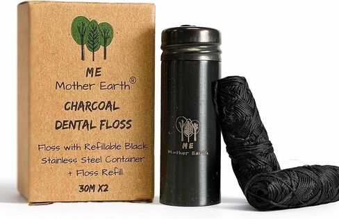 Vegan Biodegradable Bamboo Charcoal Dental Floss with Refillable Stainless Steel Rainbow Container | Extra Floss Refill | Natural Candelilla Wax | 33yds x2 | Peppermint | Eco Zero Waste Oral Care in Kuwait