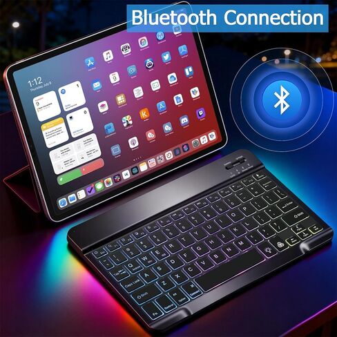 لوحة مفاتيح بلوتوث بإضاءة خلفية لجهاز iPad، لوحة مفاتيح لاسلكية محمولة رفيعة قابلة لإعادة الشحن لأجهزة iPad اللوحية، متوافقة مع جميع أجهزة نظام iOS/Windows/Android - أسود in Kuwait