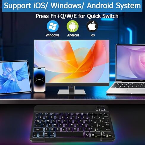 لوحة مفاتيح بلوتوث بإضاءة خلفية لجهاز iPad، لوحة مفاتيح لاسلكية محمولة رفيعة قابلة لإعادة الشحن لأجهزة iPad اللوحية، متوافقة مع جميع أجهزة نظام iOS/Windows/Android - أسود in Kuwait